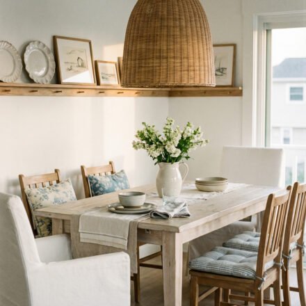 Beach Cottage Decor That Feels Fresh for Summer Light wood dining room with woven pendant, blue floral cushions, simple table setting, and soft coastal styling in beach cottage decor for a fresh summer dining space.