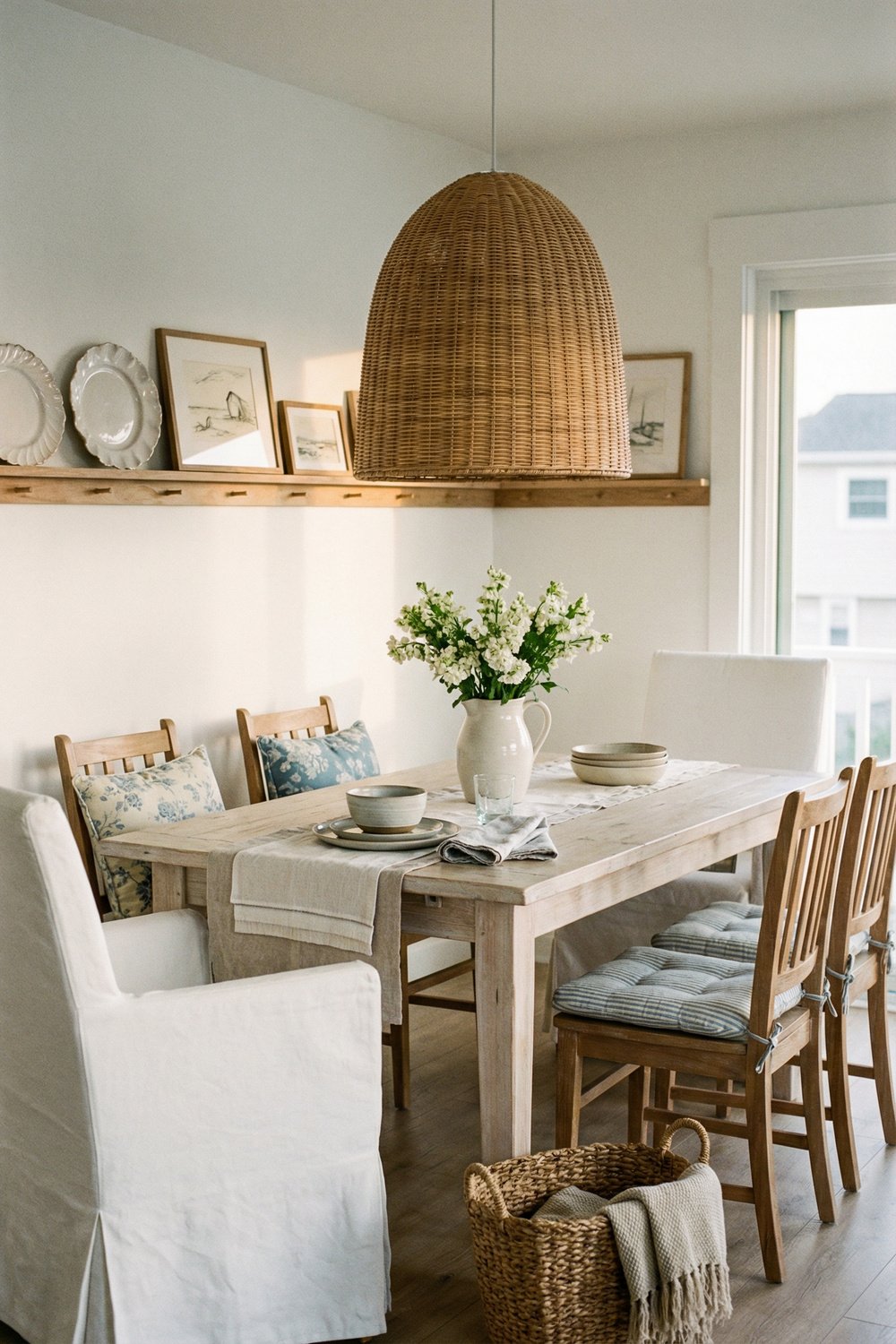 Light wood dining room with woven pendant, blue floral cushions, simple table setting, and soft coastal styling in beach cottage decor for a fresh summer dining space.