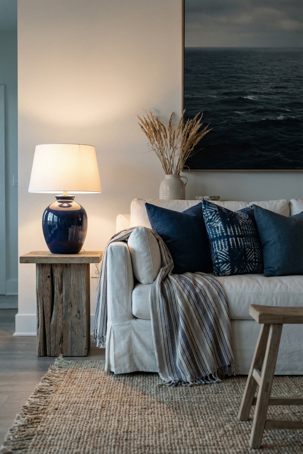 White slipcovered sofa with navy pillows, striped throw, blue ceramic lamp, ocean art, and jute rug creating a refined coastal summer aesthetic in a serene living room.
