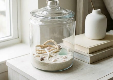 Glass apothecary jar filled with sand, shells, starfish, rope, and sea glass on a bedside table for soft DIY beach decor.