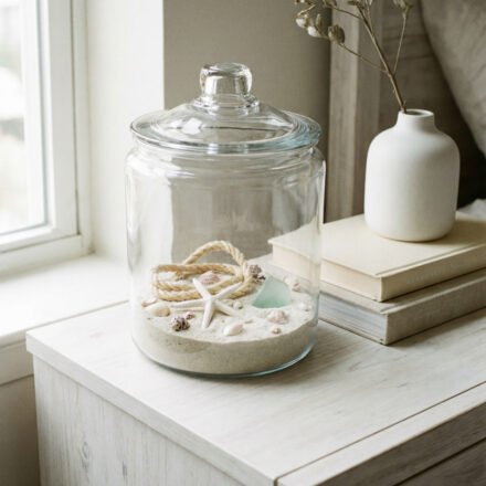 Diy Beach Decor That Feels Fresh for Summer Glass apothecary jar filled with sand, shells, starfish, rope, and sea glass on a bedside table for soft DIY beach decor.
