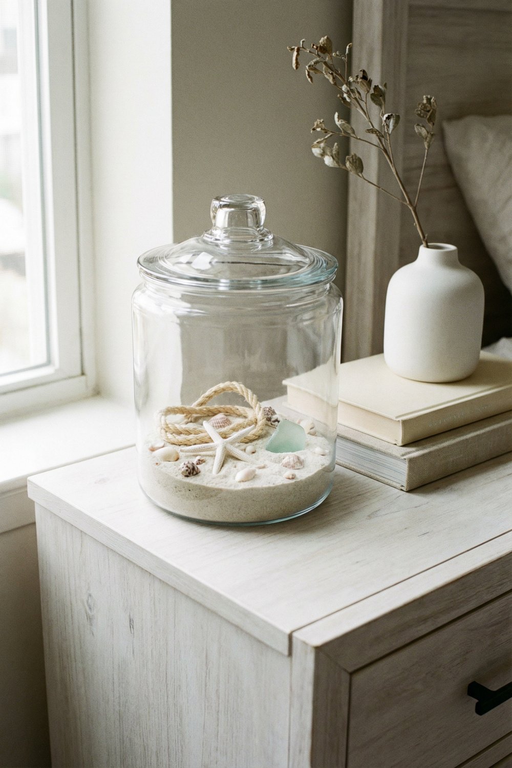 Glass apothecary jar filled with sand, shells, starfish, rope, and sea glass on a bedside table for soft DIY beach decor.