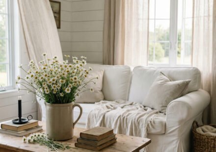 White slipcovered sofa, linen curtains, rustic wood coffee table, daisies in a crock, books, and woven baskets create a soft farmhouse summer decor living room.