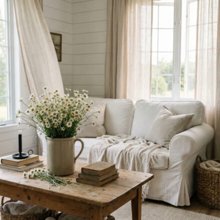 White slipcovered sofa, linen curtains, rustic wood coffee table, daisies in a crock, books, and woven baskets create a soft farmhouse summer decor living room.