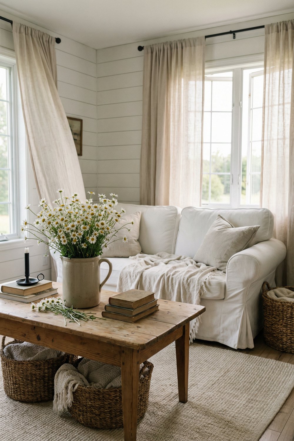 White slipcovered sofa, linen curtains, rustic wood coffee table, daisies in a crock, books, and woven baskets create a soft farmhouse summer decor living room.