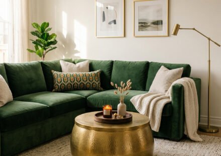 Emerald green sectional with brass drum coffee table, cream rug, gold floor lamp, framed art, and soft neutral accents for elegant Green And Gold Room Ideas.