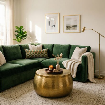 Green And Gold Room Ideas For A Stylish Living Room Emerald green sectional with brass drum coffee table, cream rug, gold floor lamp, framed art, and soft neutral accents for elegant Green And Gold Room Ideas.