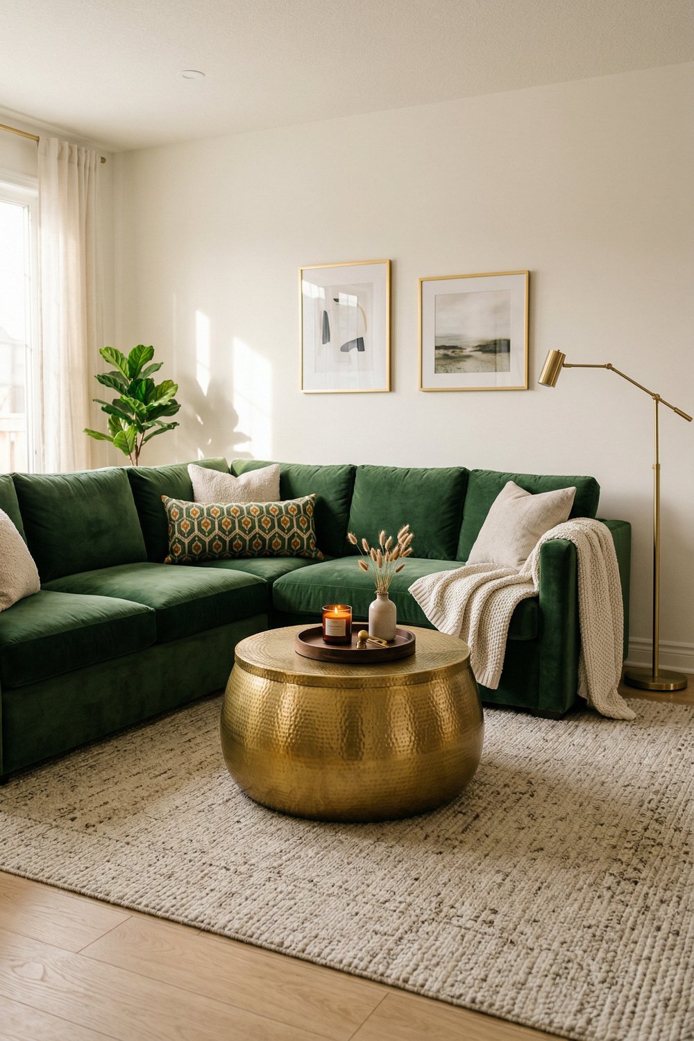 Emerald green sectional with brass drum coffee table, cream rug, gold floor lamp, framed art, and soft neutral accents for elegant Green And Gold Room Ideas.