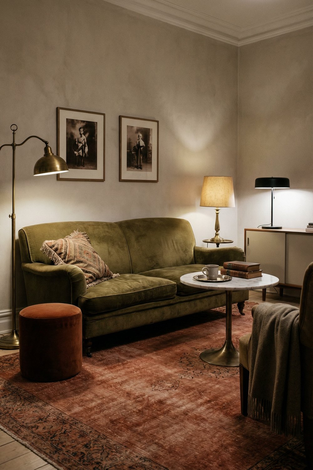 Moody green and rust living room with an olive velvet sofa, brass floor lamp, rust ottoman, vintage rug, marble coffee table, and warm layered lighting.