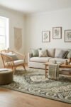 Green Boho Living Room Ideas With Relaxed Style Neutral green boho living room with cream sofa, wicker chair, botanical art, macrame wall hanging, wood coffee table, and a sage patterned rug.