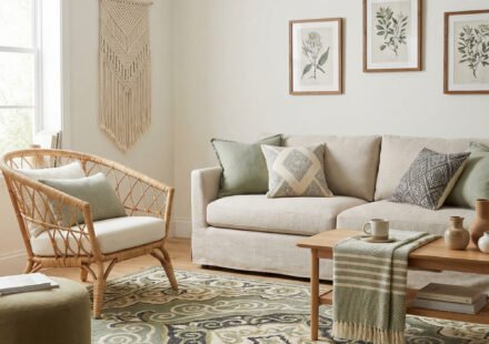 Neutral green boho living room with cream sofa, wicker chair, botanical art, macrame wall hanging, wood coffee table, and a sage patterned rug.