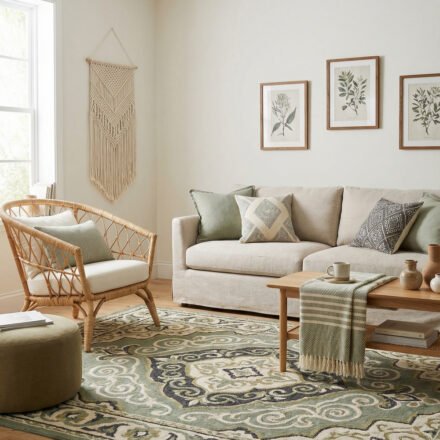 Green Boho Living Room Ideas With Relaxed Style Neutral green boho living room with cream sofa, wicker chair, botanical art, macrame wall hanging, wood coffee table, and a sage patterned rug.