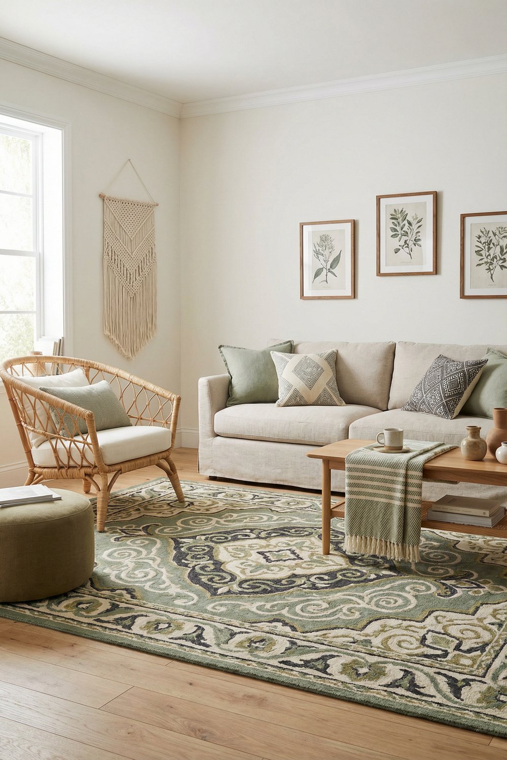 Neutral green boho living room with cream sofa, wicker chair, botanical art, macrame wall hanging, wood coffee table, and a sage patterned rug.