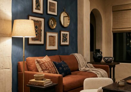 Rust sofa against a deep blue accent wall with framed art, brass floor lamp, patterned rug, and carved wood tables in a warm Nubian Style living room.