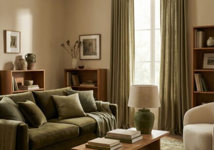 Warm neutral living room with olive green sofa, taupe curtains, wood shelves, boucle chair, and layered rug for soft olive green decor inspiration.