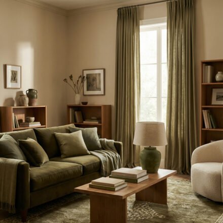 Olive Green Decor Ideas For A Layered Living Room Warm neutral living room with olive green sofa, taupe curtains, wood shelves, boucle chair, and layered rug for soft olive green decor inspiration.