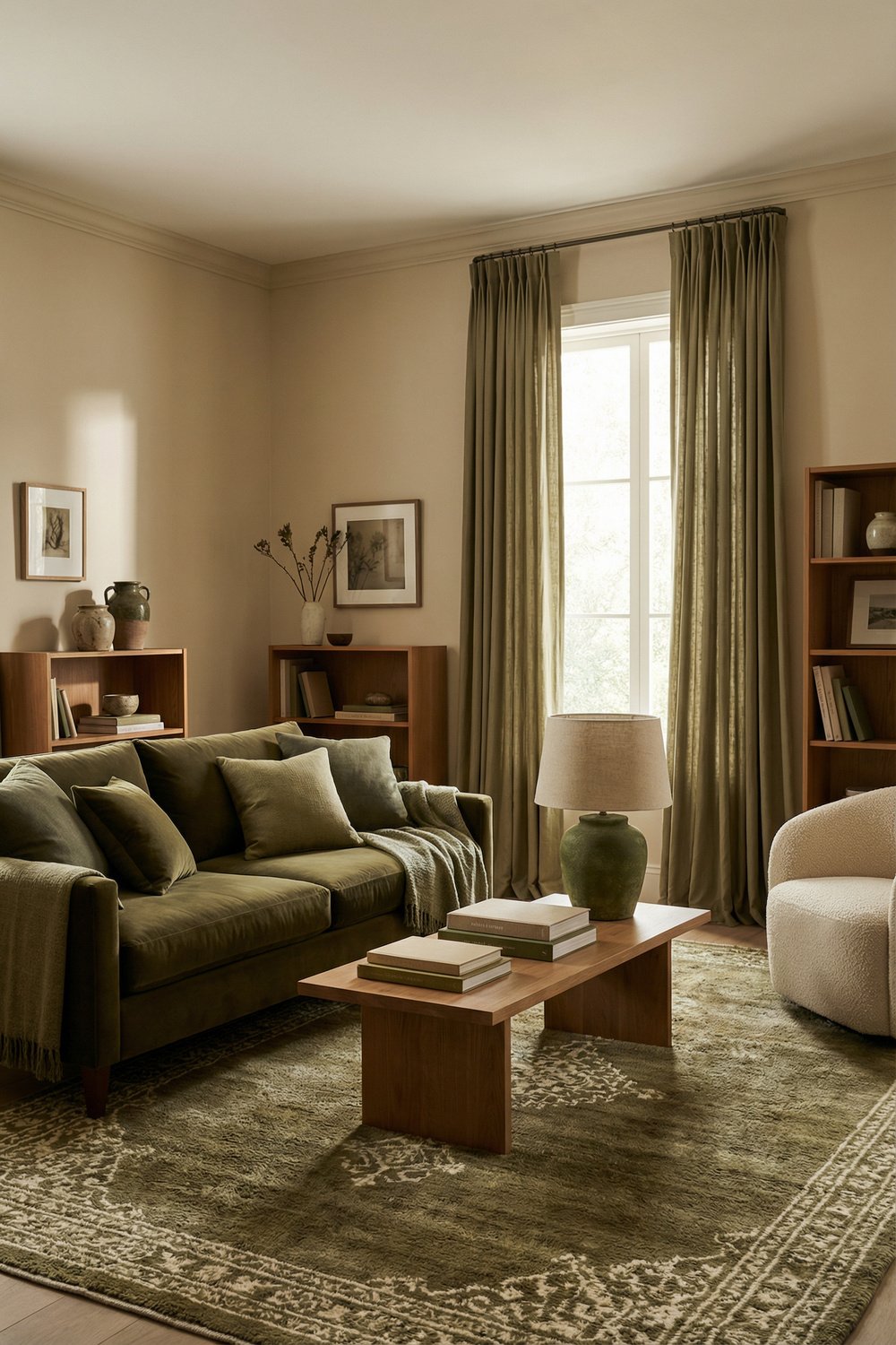 Warm neutral living room with olive green sofa, taupe curtains, wood shelves, boucle chair, and layered rug for soft olive green decor inspiration.