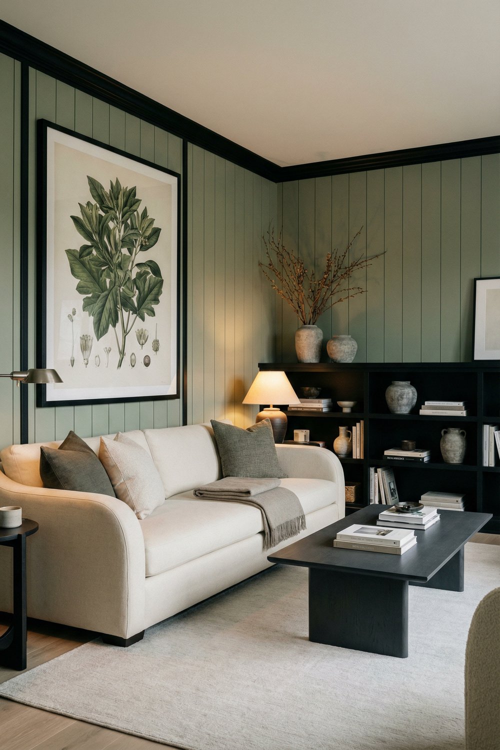 Moody living room with sage green paneled walls, black trim, cream sofa, black coffee table, styled shelving, and botanical art for Sage Green And Black Living Room Ideas.