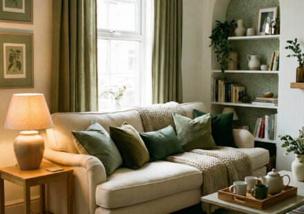 Cozy living room with cream sofa, olive green curtains, sage pillows, knit throw, arched shelving, and warm lamp styling for Sage Green Lounge Ideas.
