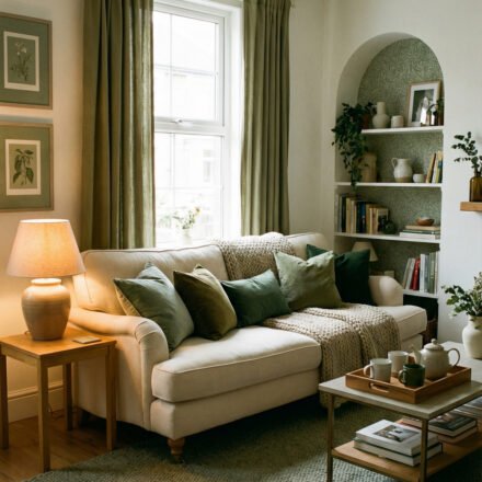 Sage Green Lounge Ideas for a Calm, Collected Living Room Cozy living room with cream sofa, olive green curtains, sage pillows, knit throw, arched shelving, and warm lamp styling for Sage Green Lounge Ideas.