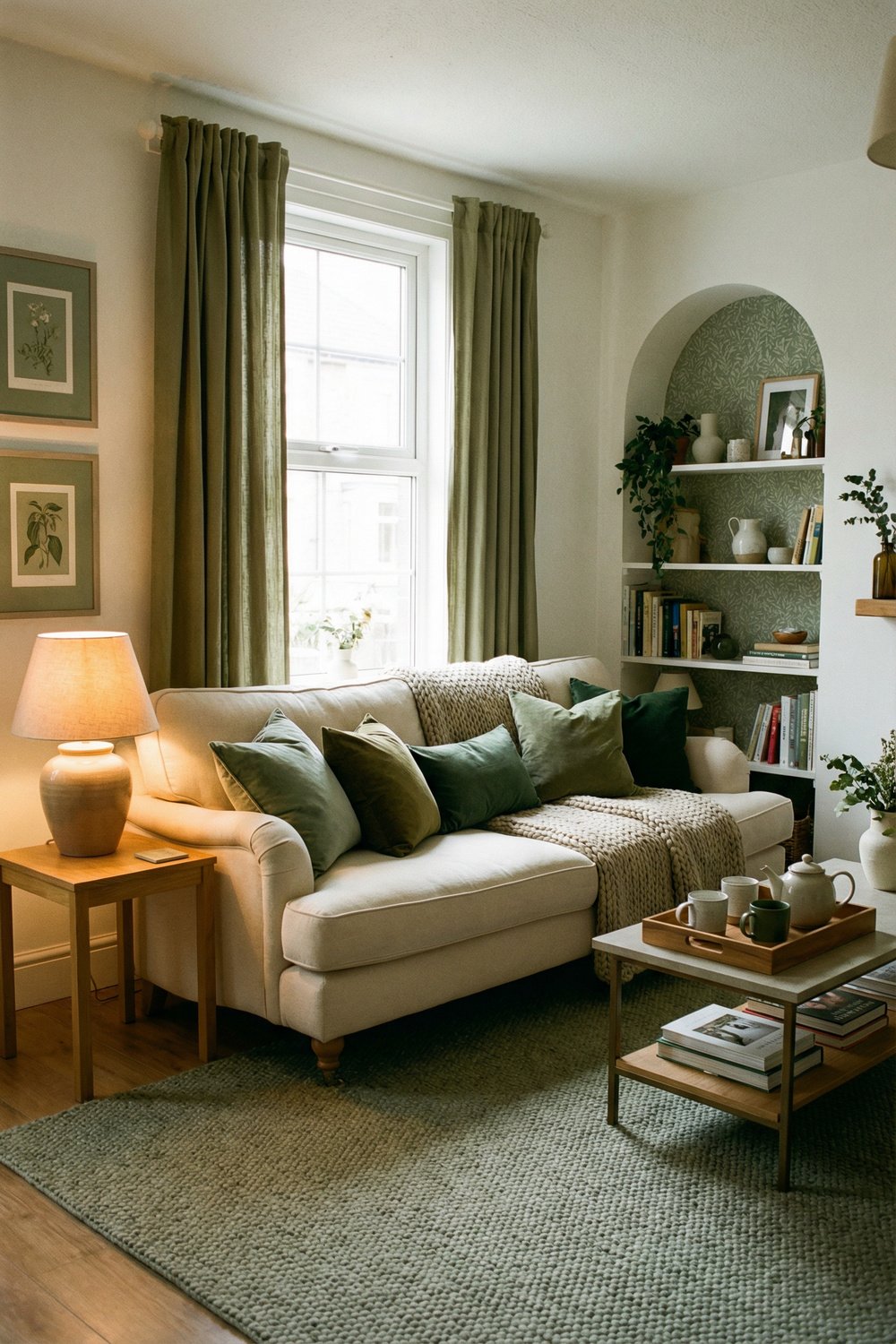 Cozy living room with cream sofa, olive green curtains, sage pillows, knit throw, arched shelving, and warm lamp styling for Sage Green Lounge Ideas.