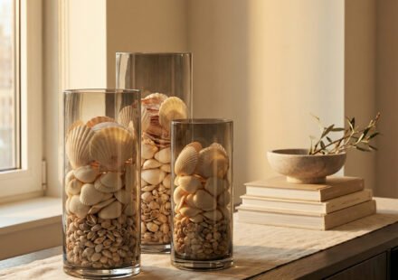 Three clear glass cylinders filled with scallop shells, small shells, and pebbles on a dark wood console by a sunlit window for an elegant seashell display.