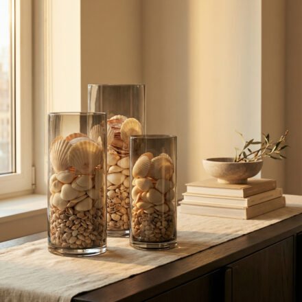 Three clear glass cylinders filled with scallop shells, small shells, and pebbles on a dark wood console by a sunlit window for an elegant seashell display.