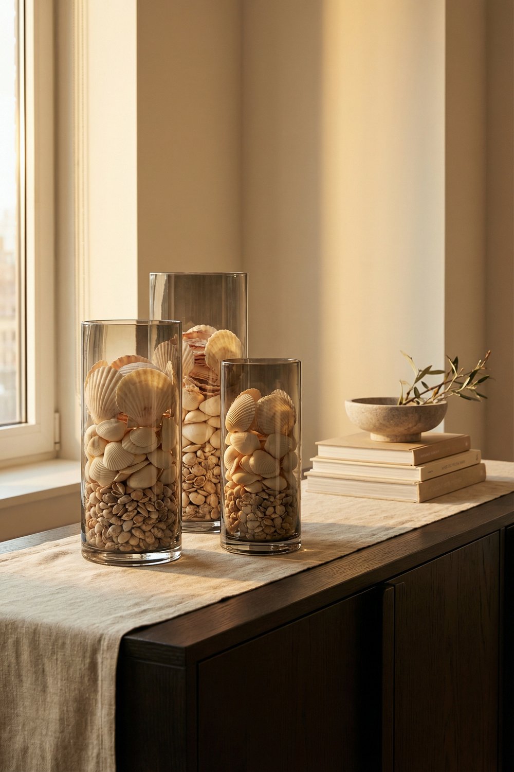 Three clear glass cylinders filled with scallop shells, small shells, and pebbles on a dark wood console by a sunlit window for an elegant seashell display.