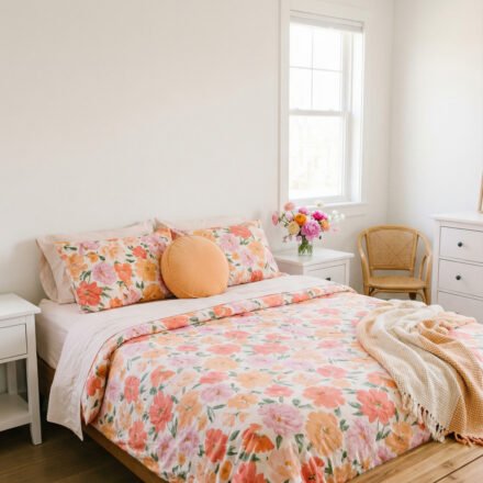 Warm bedroom with coral and peach floral duvet, matching pillows, white nightstands, a cane chair, and soft spring bedding for a bright, cheerful seasonal refresh.