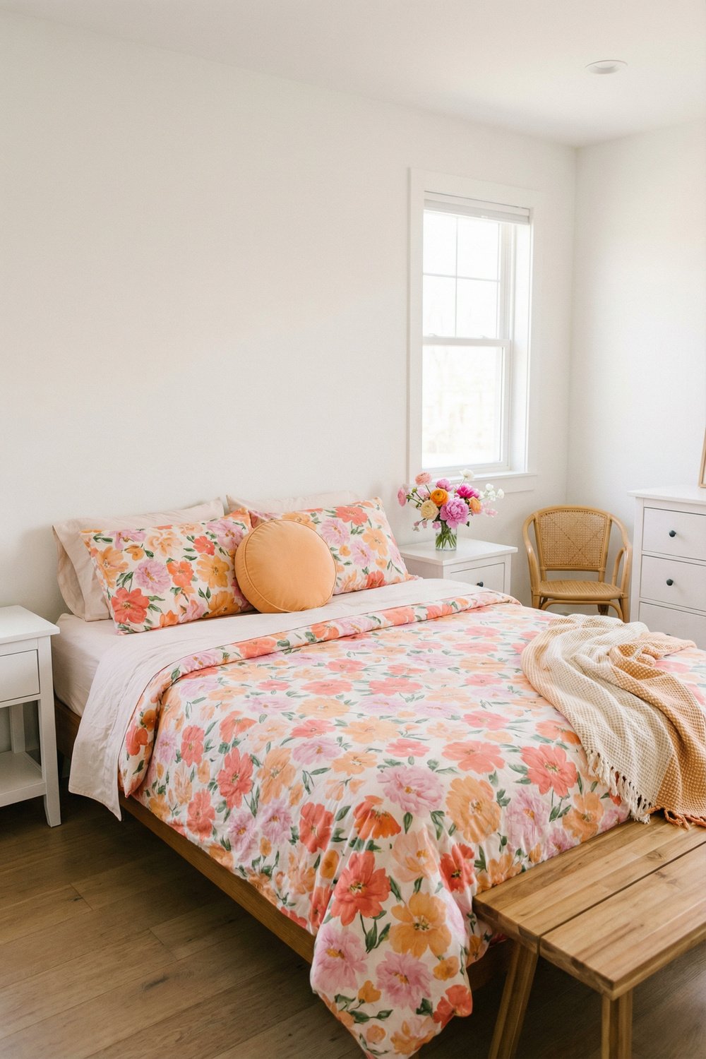 Warm bedroom with coral and peach floral duvet, matching pillows, white nightstands, a cane chair, and soft spring bedding for a bright, cheerful seasonal refresh.