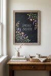 Spring Chalkboard Ideas That Feel Fresh and Easy to Style Framed chalkboard with pastel floral border and “Spring Breath” lettering above a wooden table, vase, books, and tray; soft spring chalkboard ideas for cozy wall decor.