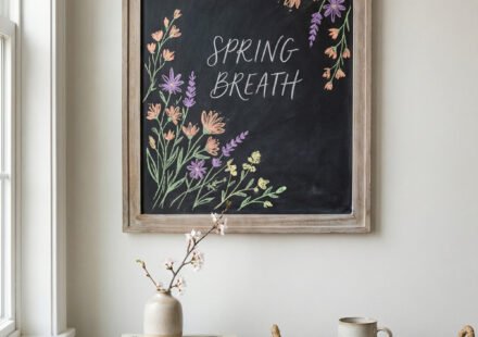 Framed chalkboard with pastel floral border and “Spring Breath” lettering above a wooden table, vase, books, and tray; soft spring chalkboard ideas for cozy wall decor.