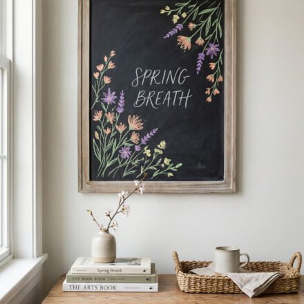 Framed chalkboard with pastel floral border and “Spring Breath” lettering above a wooden table, vase, books, and tray; soft spring chalkboard ideas for cozy wall decor.