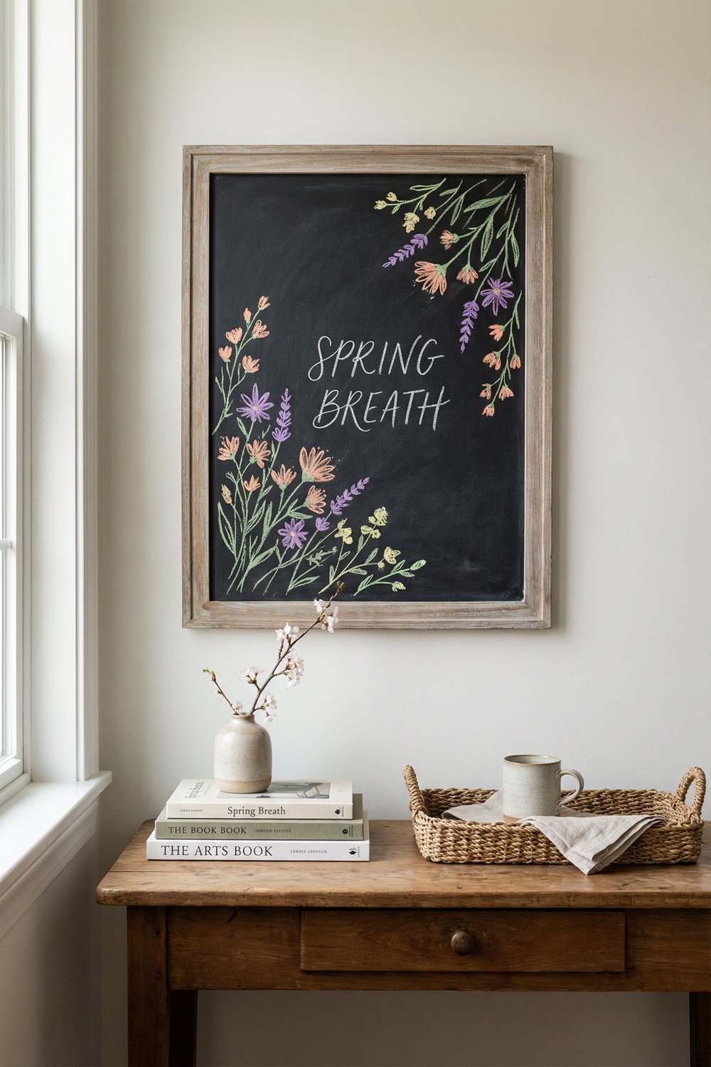 Framed chalkboard with pastel floral border and “Spring Breath” lettering above a wooden table, vase, books, and tray; soft spring chalkboard ideas for cozy wall decor.