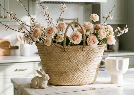 Large woven basket filled with blush roses and blossoming branches on a marble kitchen island with soft sage cabinetry, a ceramic bunny, and sculptural vase for spring kitchen décor