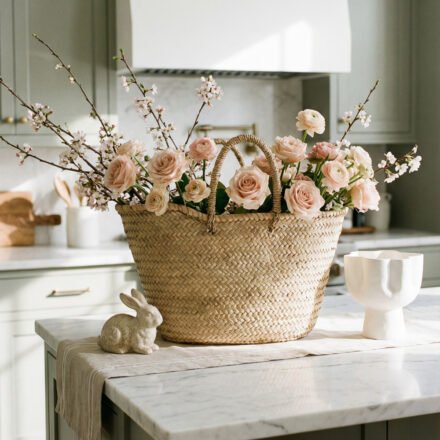 Large woven basket filled with blush roses and blossoming branches on a marble kitchen island with soft sage cabinetry, a ceramic bunny, and sculptural vase for spring kitchen décor