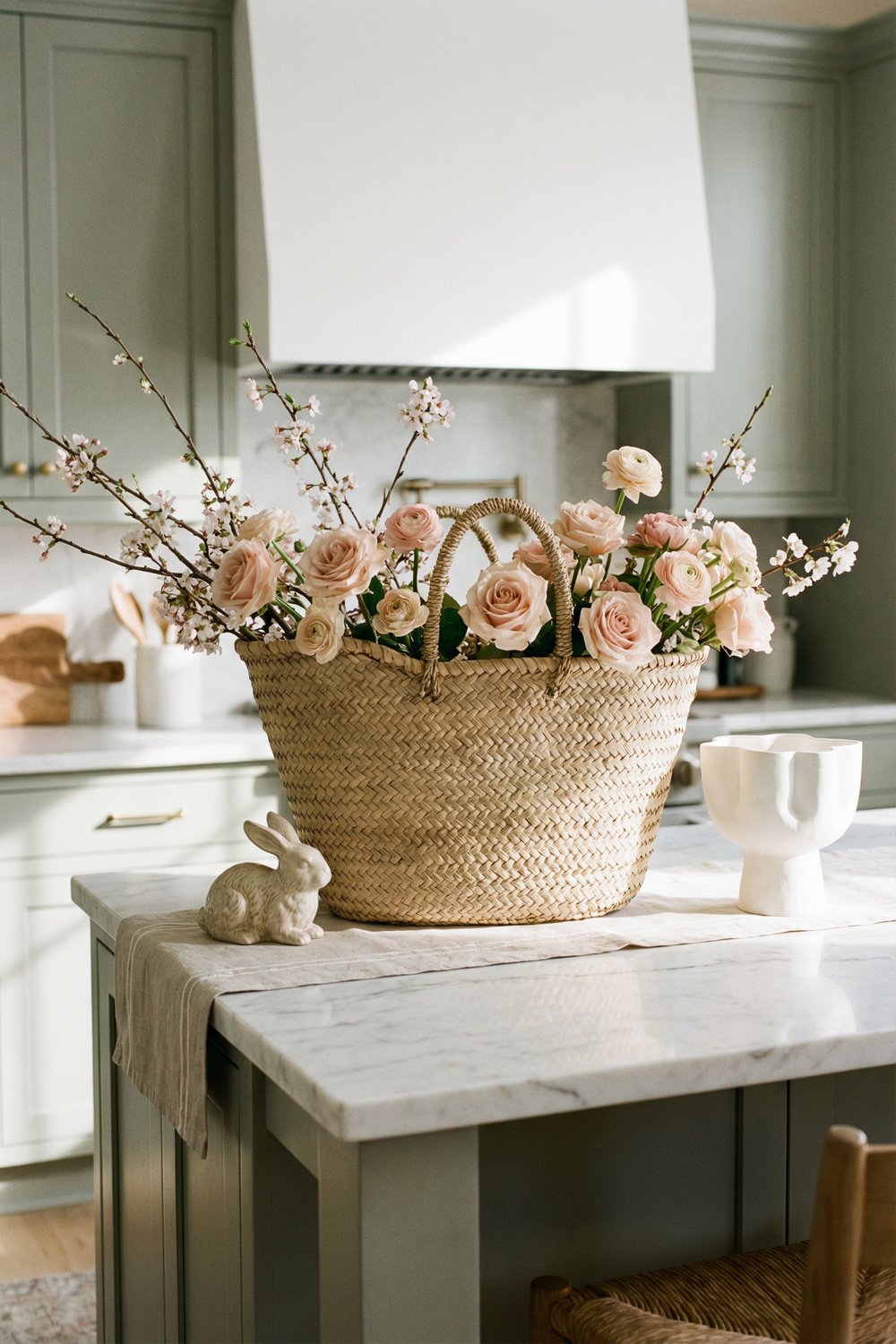 Large woven basket filled with blush roses and blossoming branches on a marble kitchen island with soft sage cabinetry, a ceramic bunny, and sculptural vase for spring kitchen décor