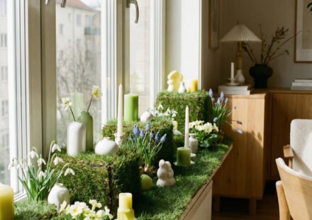 Sunlit spring window display with grass-covered sill, moss blocks, candles, and blooming bulbs styled along a long apartment window for a fresh seasonal look.