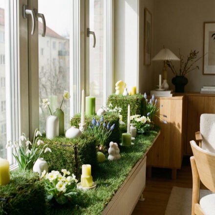 Sunlit spring window display with grass-covered sill, moss blocks, candles, and blooming bulbs styled along a long apartment window for a fresh seasonal look.