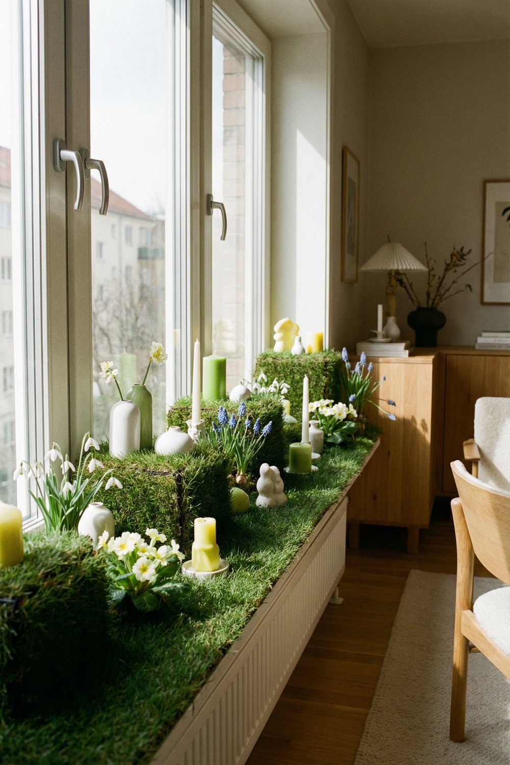 Sunlit spring window display with grass-covered sill, moss blocks, candles, and blooming bulbs styled along a long apartment window for a fresh seasonal look.