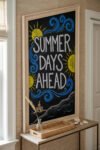 Framed black chalkboard sign reading Summer Days Ahead with yellow suns, blue waves, and beach sketch on a console table, a coastal summer chalkboard ideas look.
