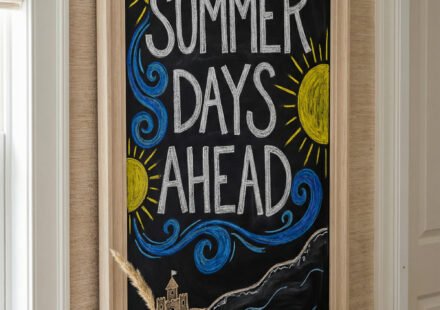 Framed black chalkboard sign reading Summer Days Ahead with yellow suns, blue waves, and beach sketch on a console table, a coastal summer chalkboard ideas look.