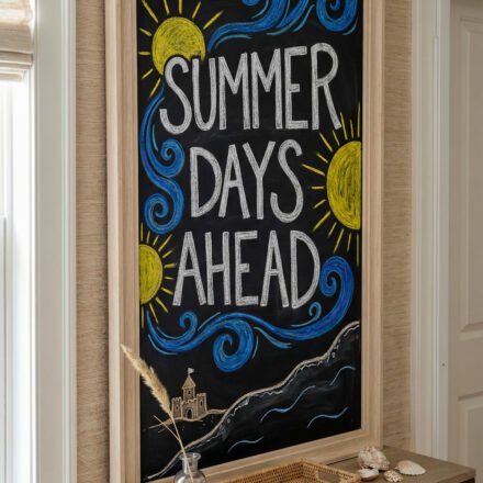 Summer Chalkboard Ideas That Brighten Every Corner Framed black chalkboard sign reading Summer Days Ahead with yellow suns, blue waves, and beach sketch on a console table, a coastal summer chalkboard ideas look.
