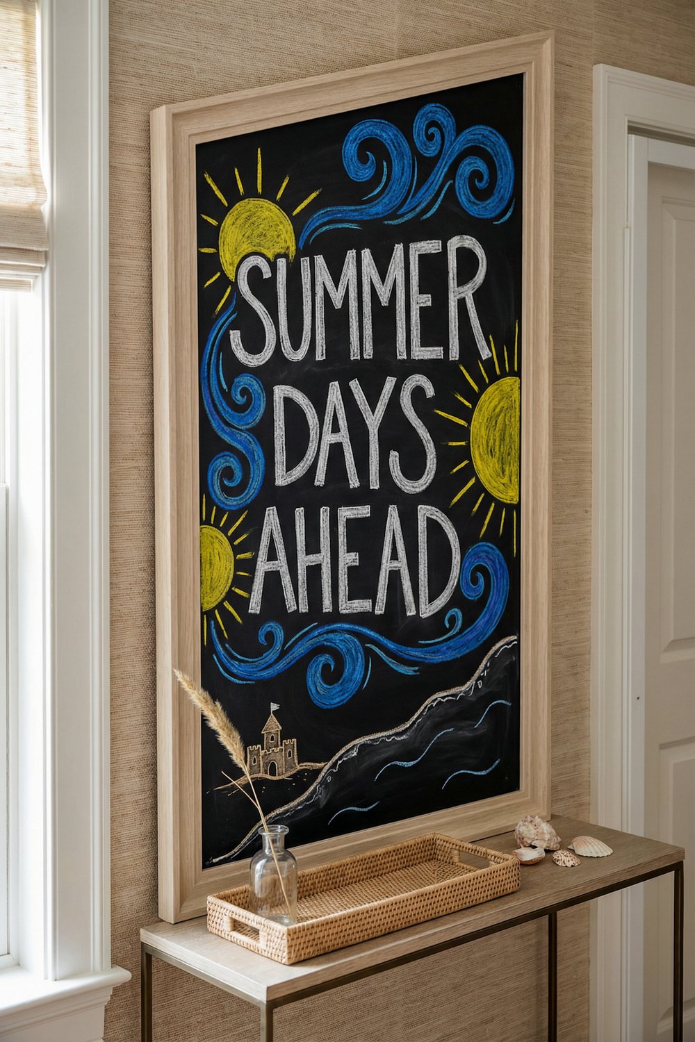 Framed black chalkboard sign reading Summer Days Ahead with yellow suns, blue waves, and beach sketch on a console table, a coastal summer chalkboard ideas look.