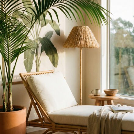 Summer Décor Ideas for an Airy, Collected Home Sunlit corner with rattan chaise lounge, large potted palm, woven floor lamp, small wood stool, and neutral textiles for relaxed summer decor.