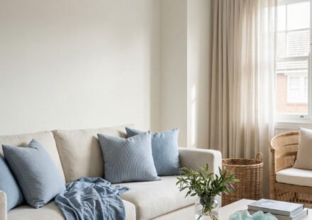 Airy living room with a cream sofa, soft blue pillows, sheer curtains, wicker chair, and light wood coffee table for elegant Summer Living Room Decor.