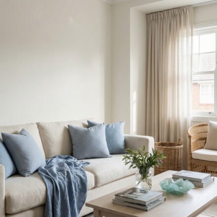 Airy living room with a cream sofa, soft blue pillows, sheer curtains, wicker chair, and light wood coffee table for elegant Summer Living Room Decor.