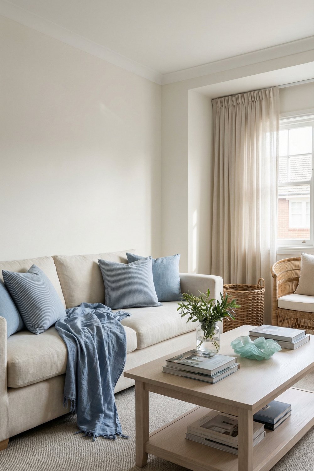 Airy living room with a cream sofa, soft blue pillows, sheer curtains, wicker chair, and light wood coffee table for elegant Summer Living Room Decor.