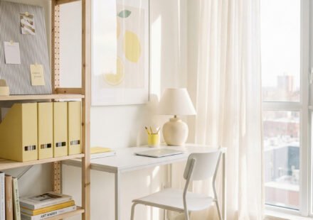 Sunlit white desk with yellow storage boxes, lemon wall art, sheer curtains, and woven rug creating a fresh Summer Office Decor look for a small apartment workspace.