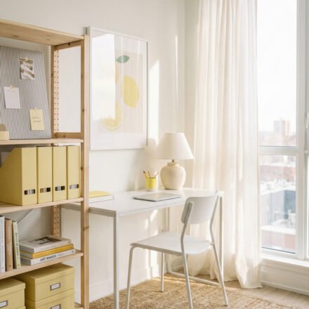 Sunlit white desk with yellow storage boxes, lemon wall art, sheer curtains, and woven rug creating a fresh Summer Office Decor look for a small apartment workspace.